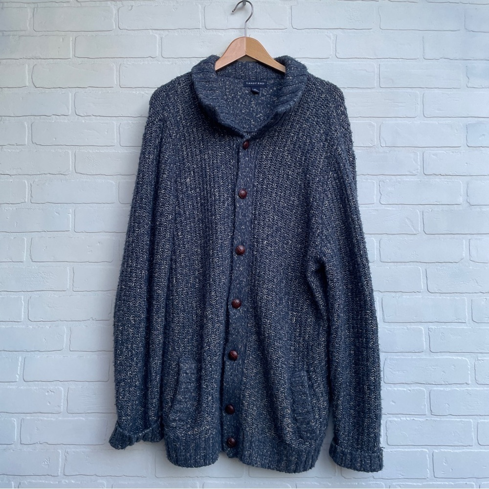 Lands End Men's Blue Button-Up Sweater Knit Cardigan